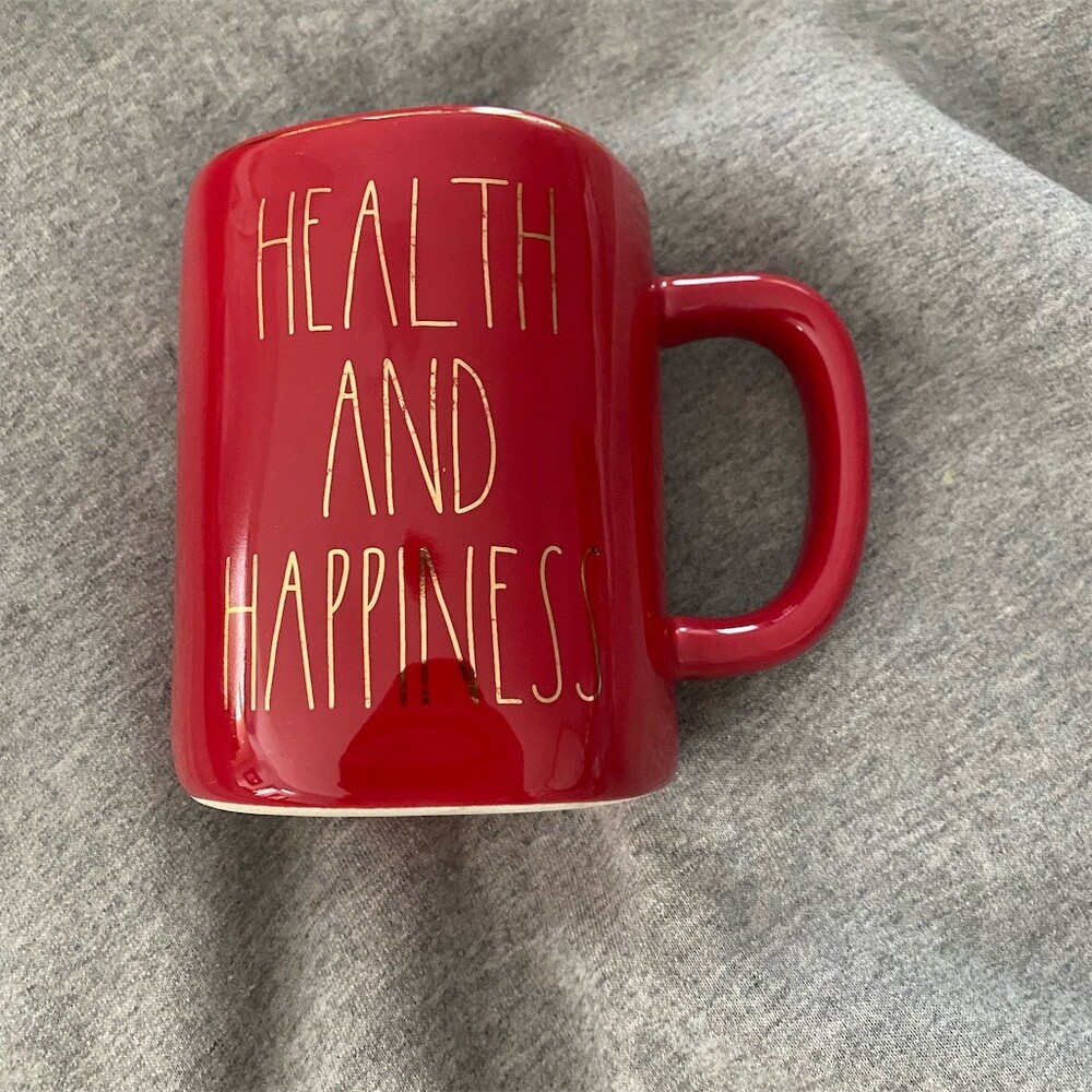 Rae Dunn Artisan Collection Mug Red HEALTH AND HAPPINESS Gold Fu Symbol